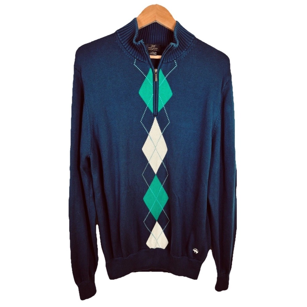Brooks Brothers Mens XL‎ Sweater Navy Blue Argyle 1/4 Zip Pullover Supima Cotton